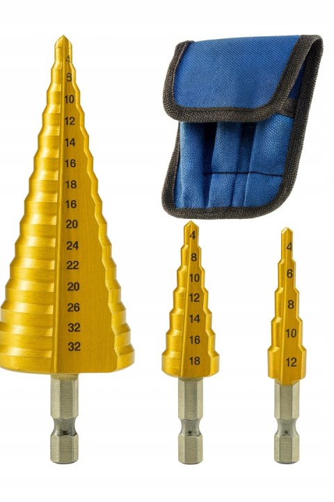 WIERTŁA STOŻKOWE STOPNIOWE DO METALU DREWNA PLASTIKU BLACH ZESTAW 4-32 MM