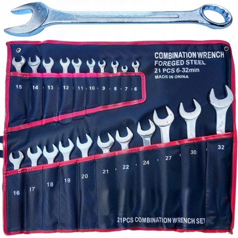 21EL KLUCZE PŁASKIE OCZKOWE 6-32 ZESTAW Komplet Kluczy Płaskich Pokrowiec