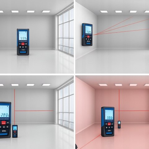 DALMIERZ LASEROWY MIERNIK ODLEGŁOŚCI CYFROWY 50M poziomica KĄTOMIERZ