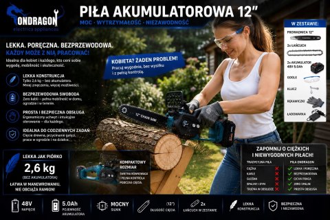 BEZSZCZOTKOWA PIŁA ŁAŃCUCHOWA PILARKA AKUMULATOROWA 12" 48V 2x AKU PRO