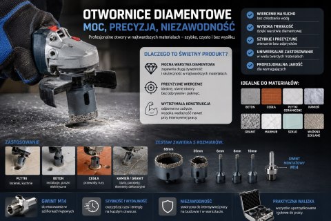 Koronki 6-68 mm Otwornice Diamentowe do Gresu Betonu Płytek Kamienia M14 M