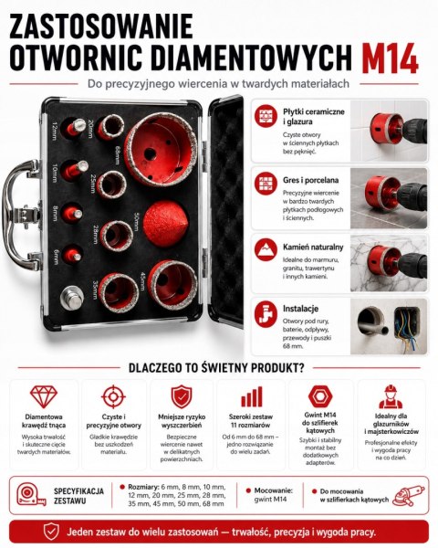 Otwornice Diamentowe do Gresu Betonu Płytek Kamienia M14 Koronki 6-68 mm