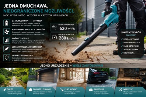 DMUCHAWA AKUMULATOROWA DO LIŚCI OGRODOWA ZESTAW 36v 2xAKU REGULACJA LCD PRO