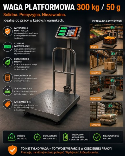 WAGA ELEKTRONICZNA MAGAZYNOWA SKLEPOWA PLATFORMOWA AKUMULATOR LCD 300KG