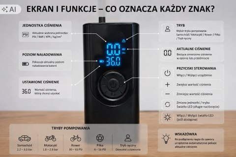 KOMPRESOR SPRĘŻARKA Samochodowy Akumulatorowy POMPKA ROWEROWA ELEKTRYCZNA